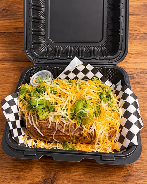 VegiFlo loaded potato topped with fresh broccoli and shredded cheese